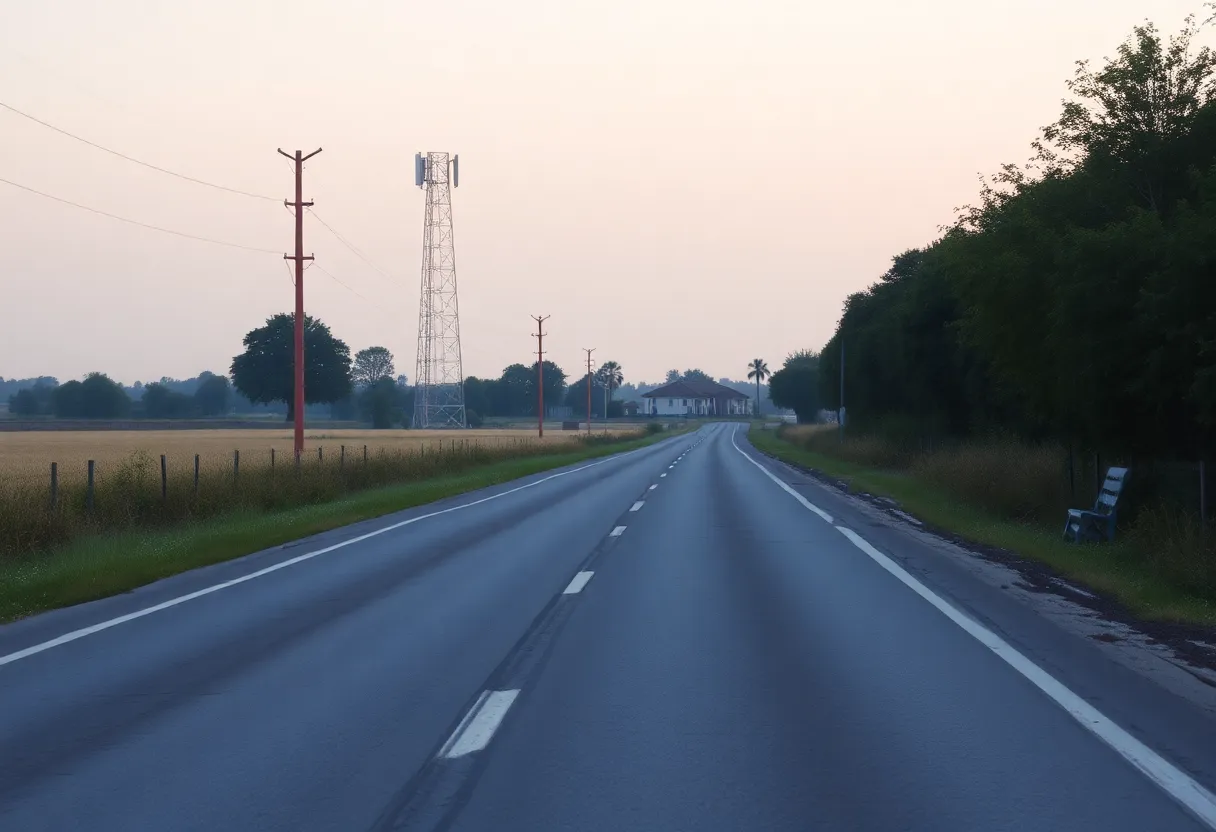 Rural road with a cell tower and a house in the distance