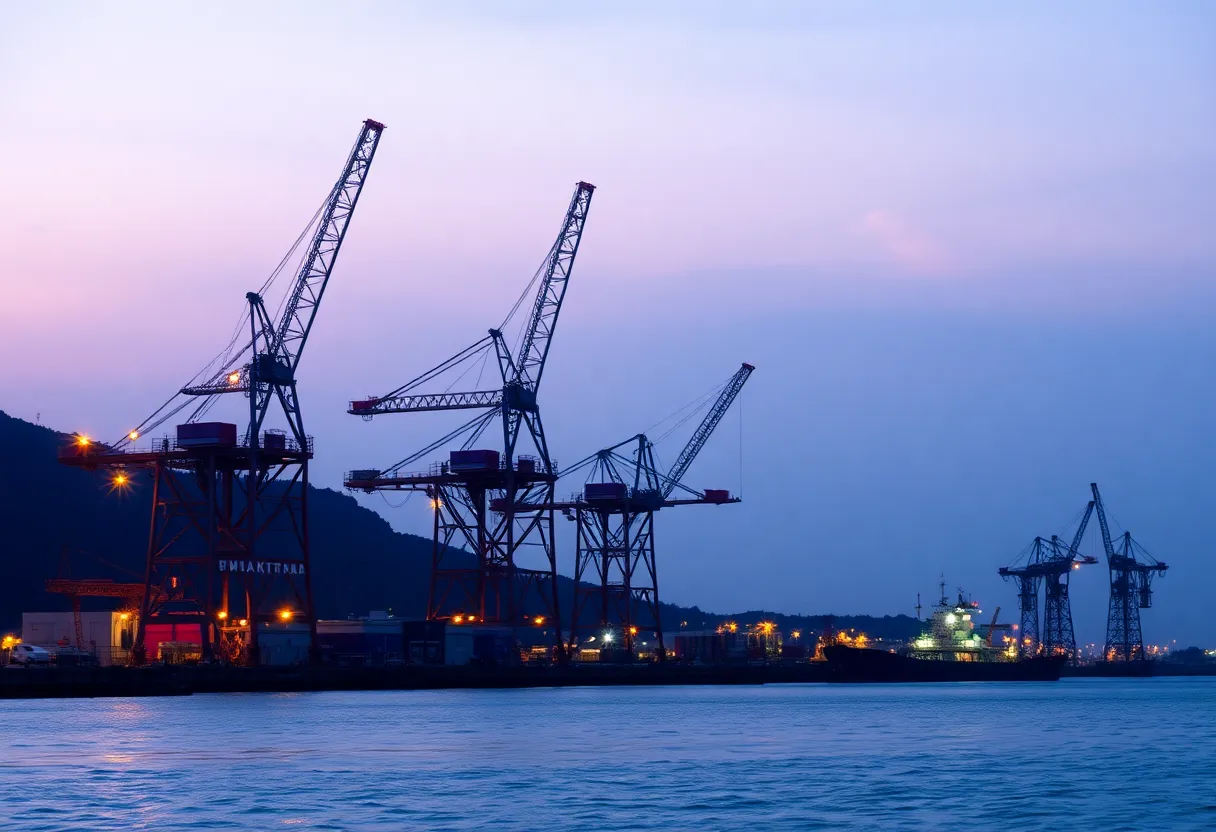 Industrial steel structures at dusk near a coastal launch site