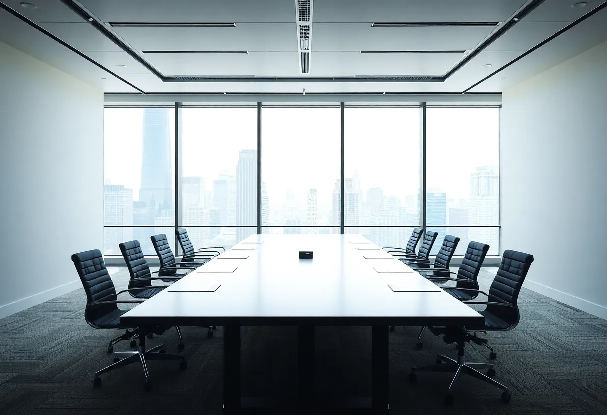 Empty earnings-call style conference room with a city window