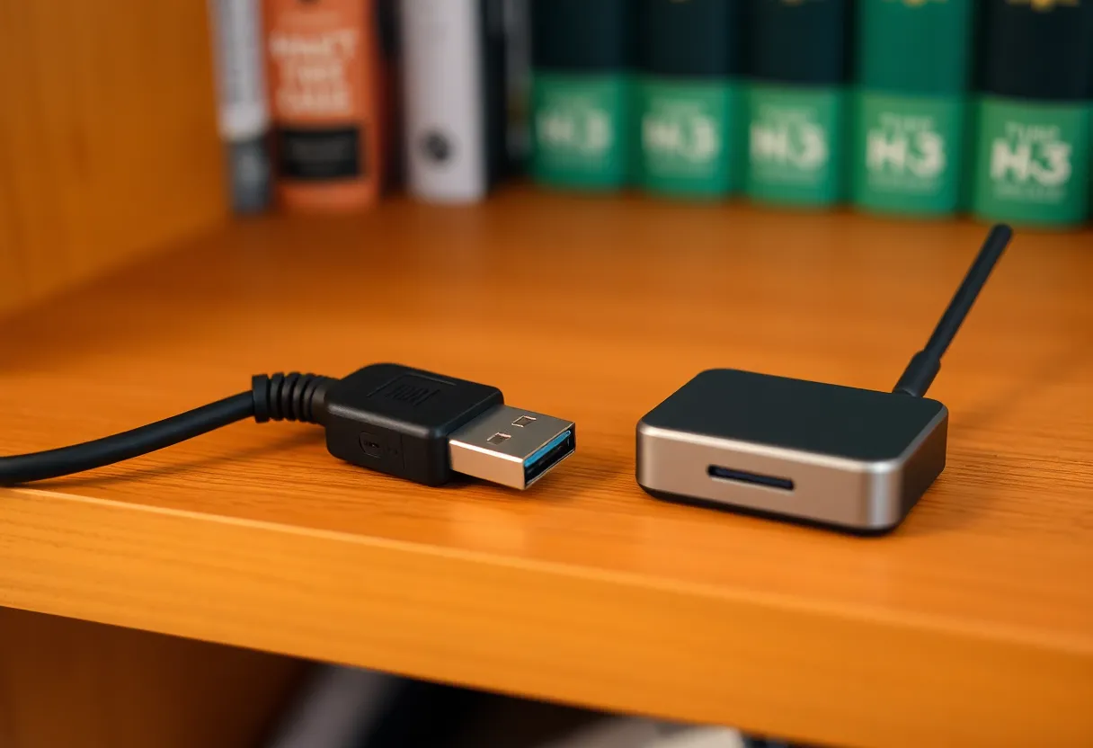 USB radio dongle on a long extension cable sitting on a bookshelf