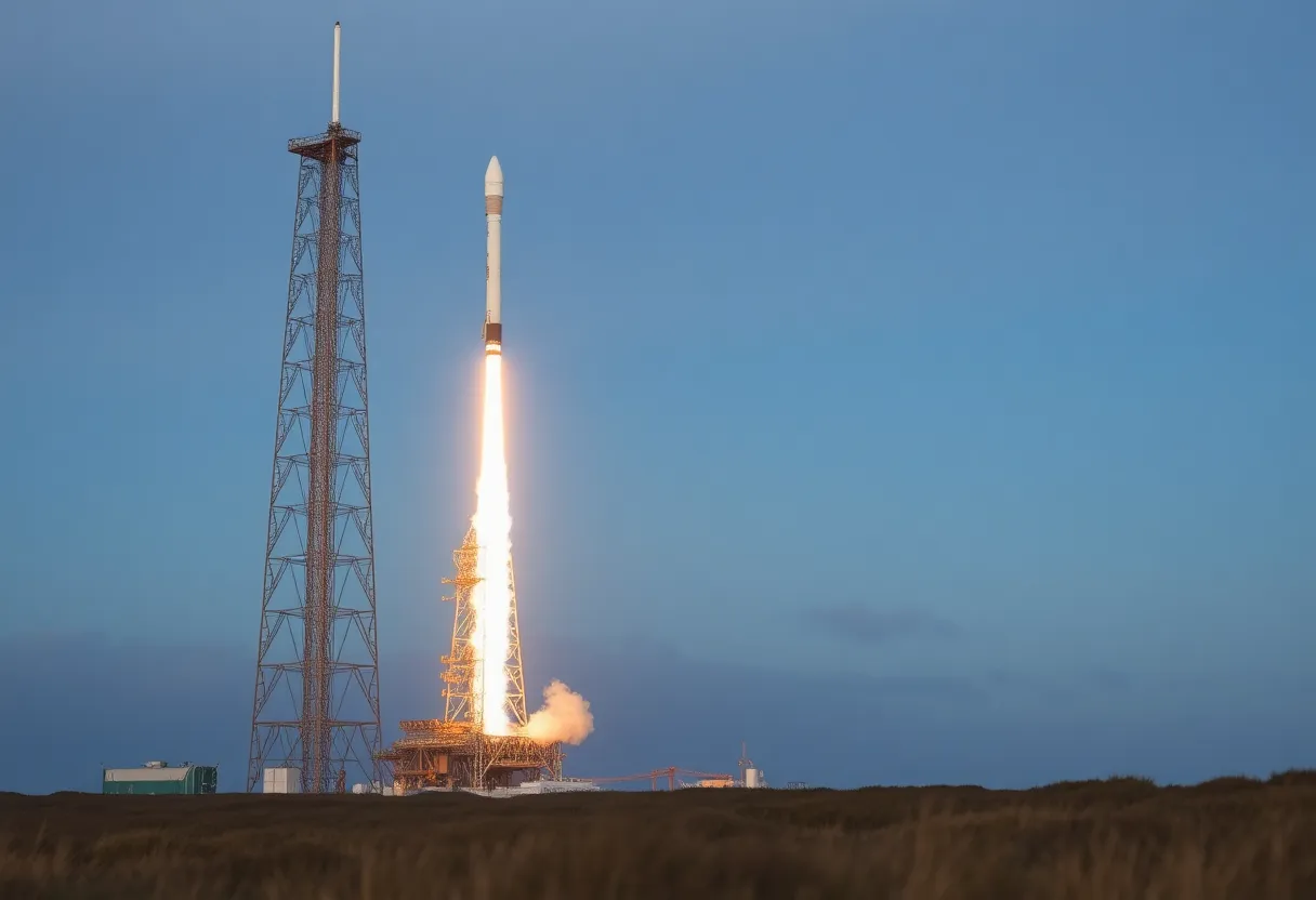 Coastal launch tower and steel vehicle at first light