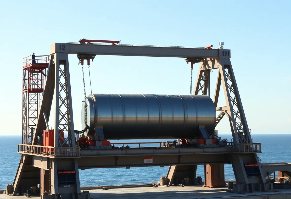 Launch tower arms holding a steel vehicle in daylight