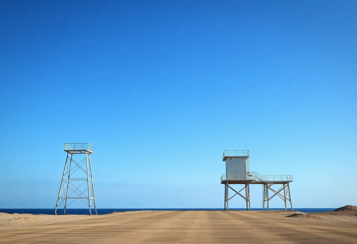 Empty launch pad tower against a coastal sky