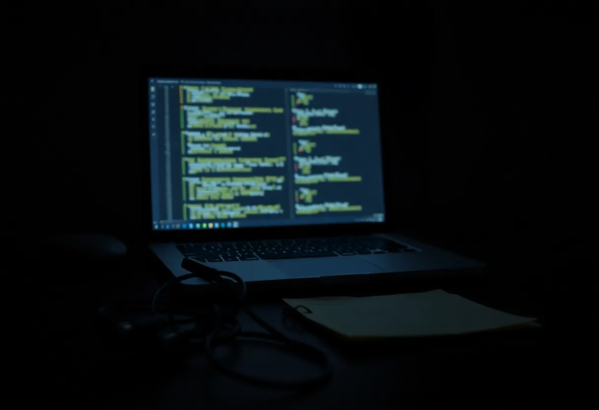 Laptop glow on a dark desk with cables and sticky notes