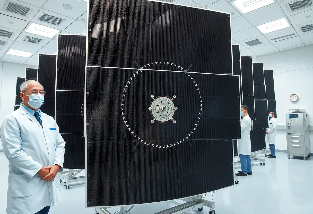 Technicians beside large satellite arrays in a clean hall