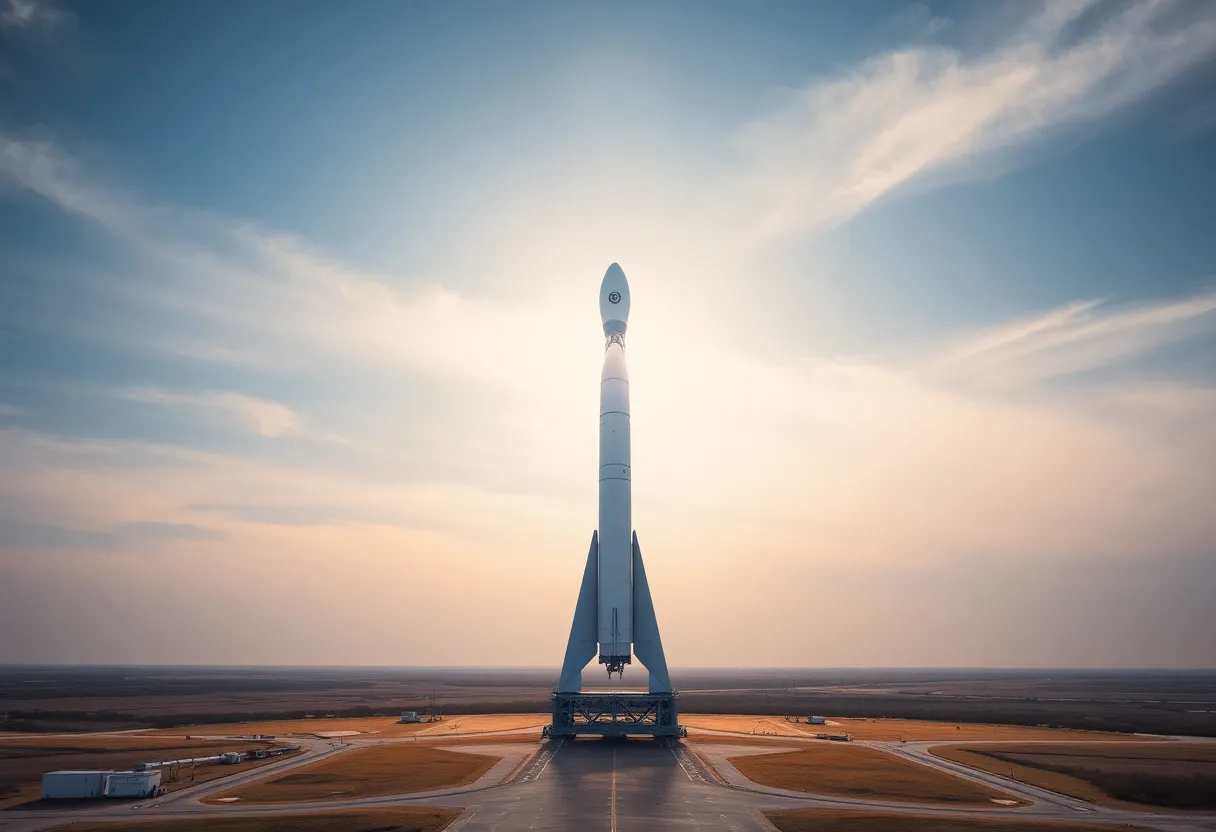 Single rocket on a pad under a wide sky