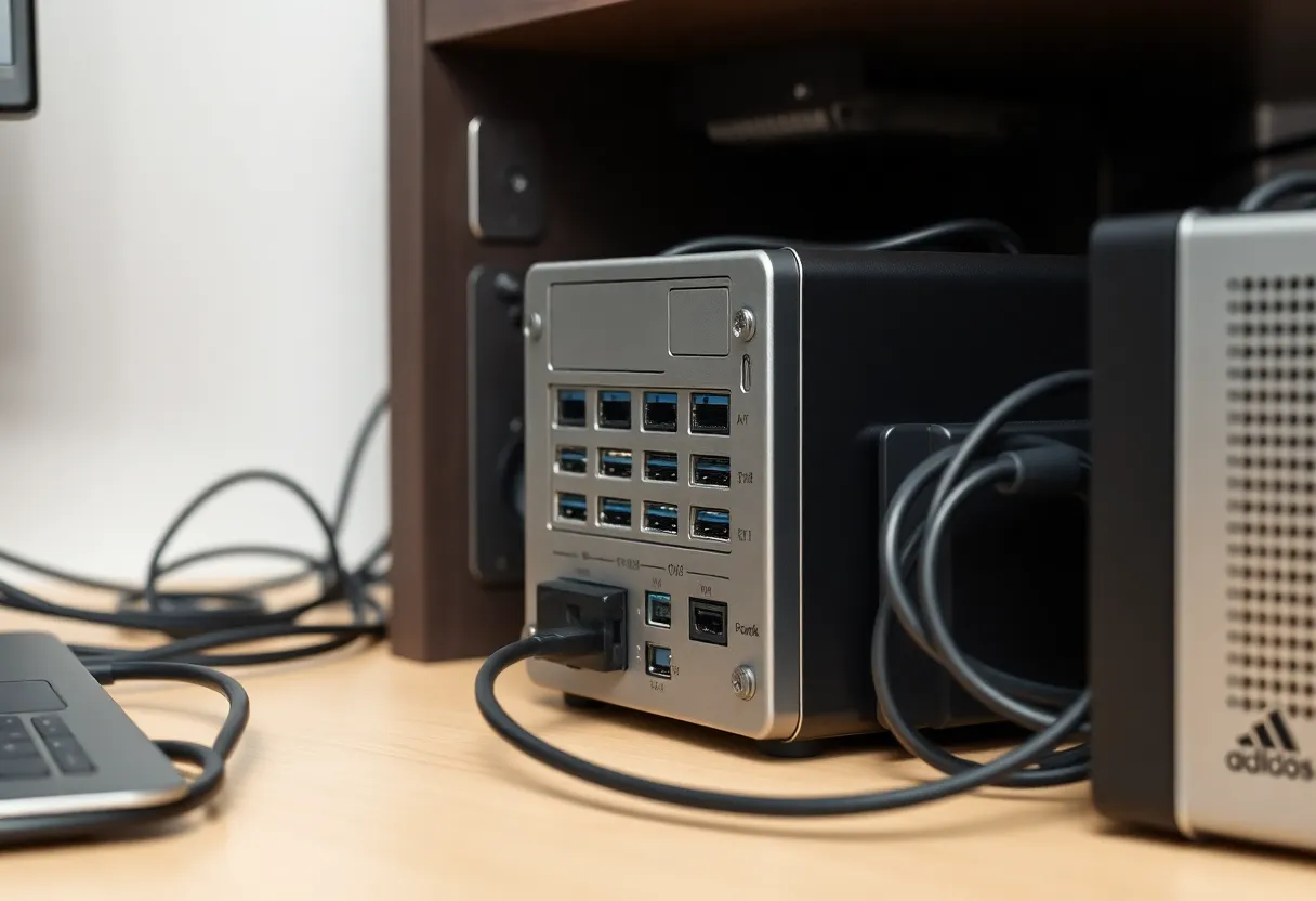 Metal computer case USB ports next to an external drive enclosure