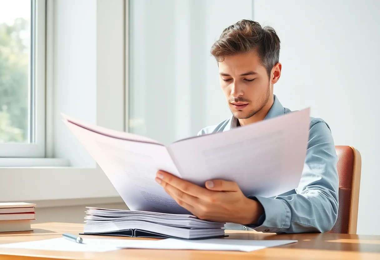Person at a desk reading a thick document packet