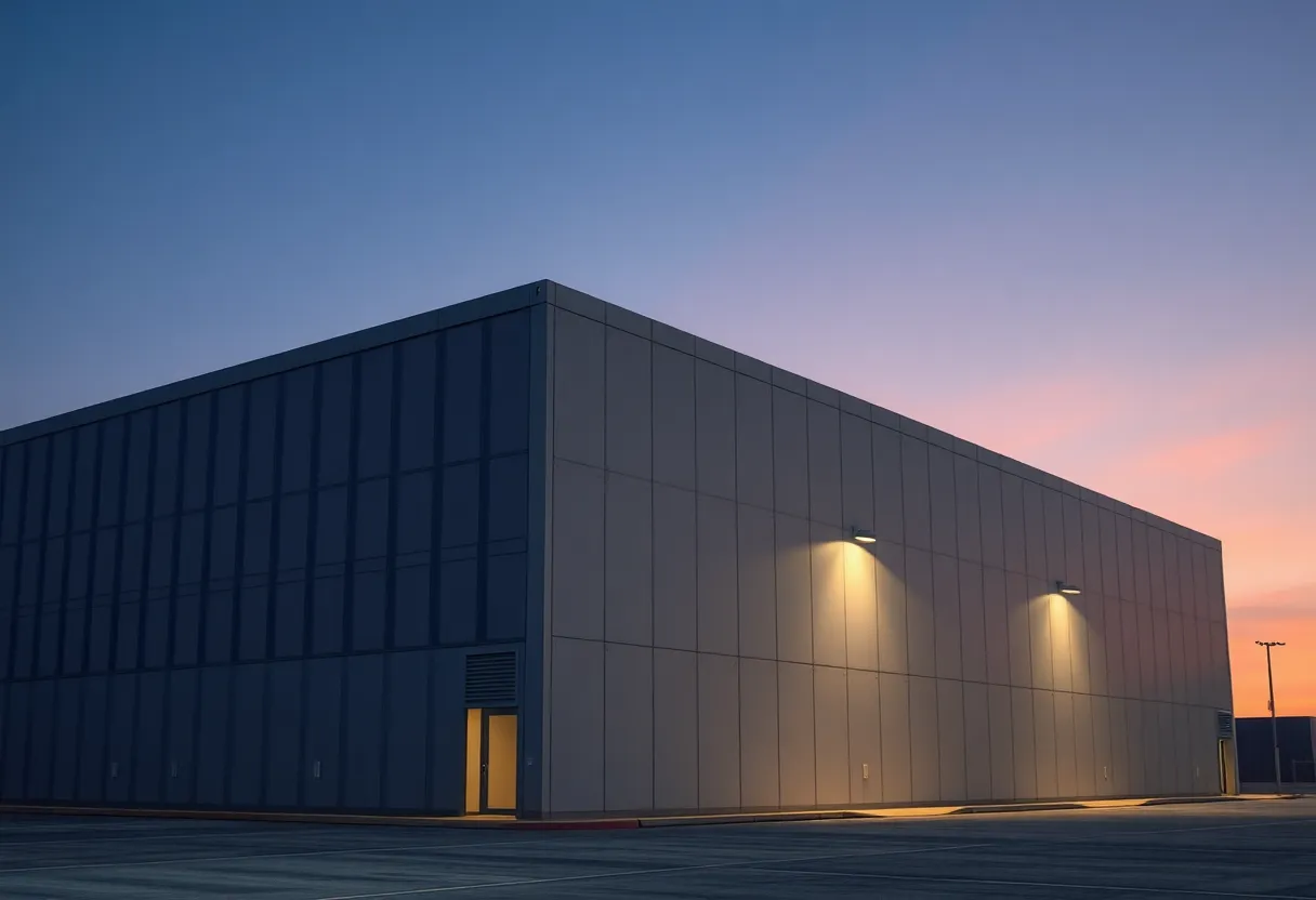 Data center building at dusk with no visible signage