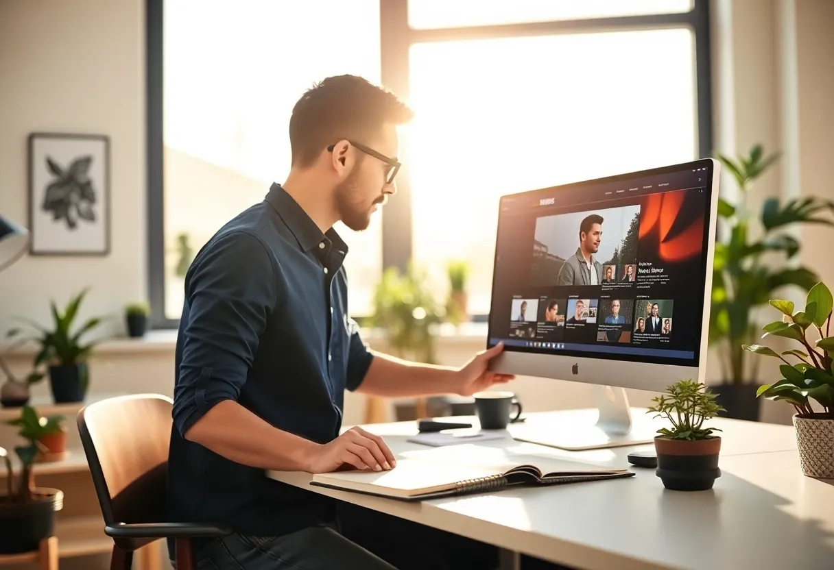 Developer reviewing a web interface on a large monitor in a sunlit studio