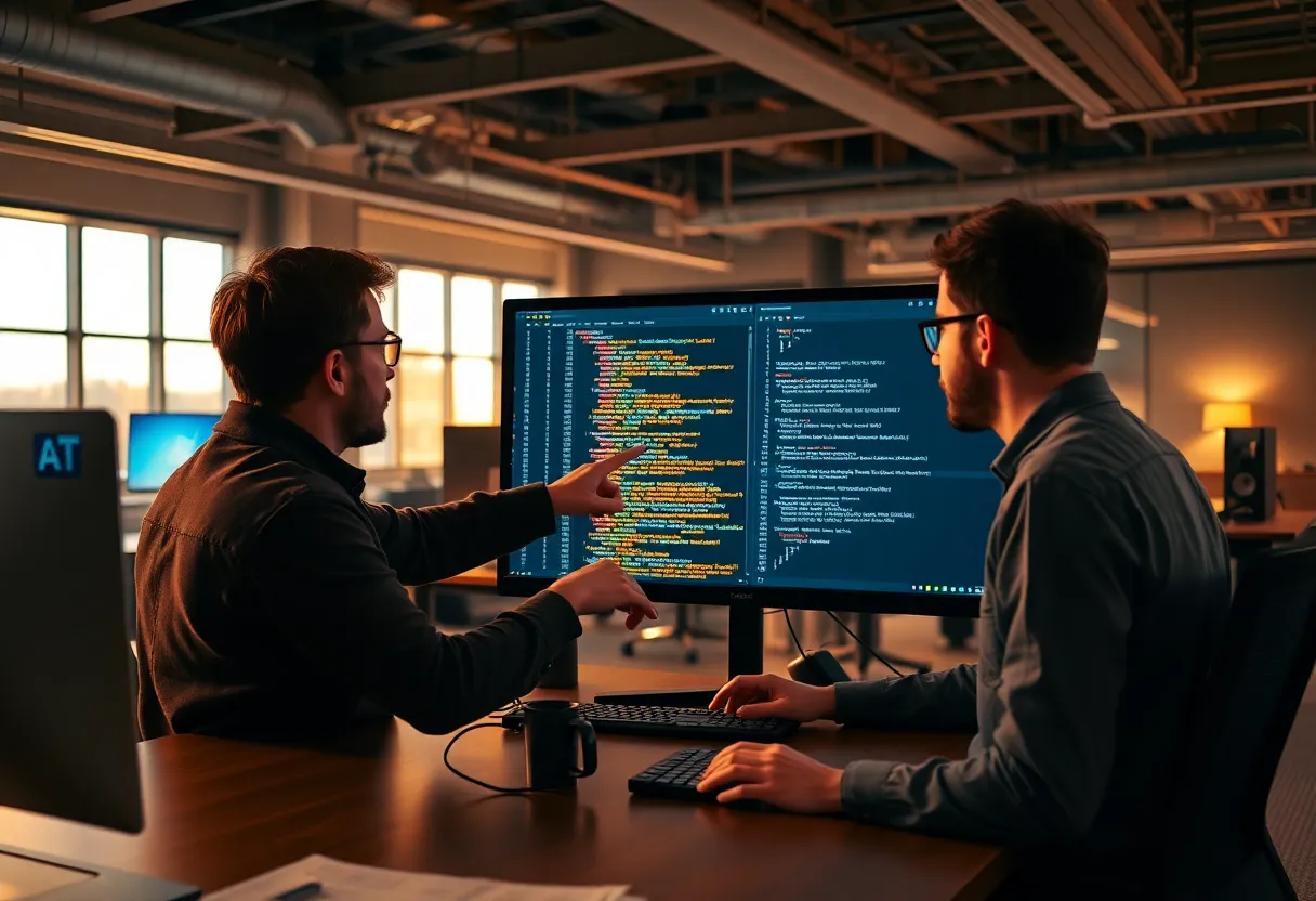 Two engineers pairing at one monitor, reviewing code together