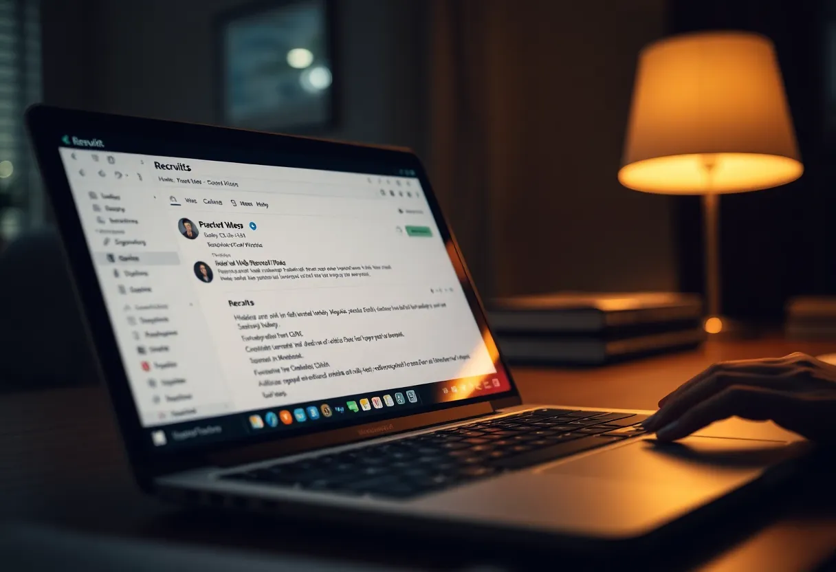 A recruiter inbox and job board tabs open on a laptop at night