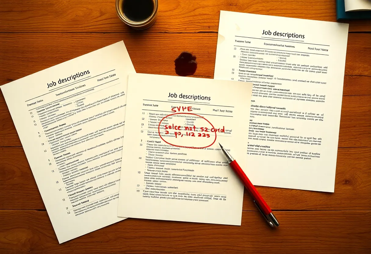 Printed job descriptions and a red pen marking stale requisitions on a table