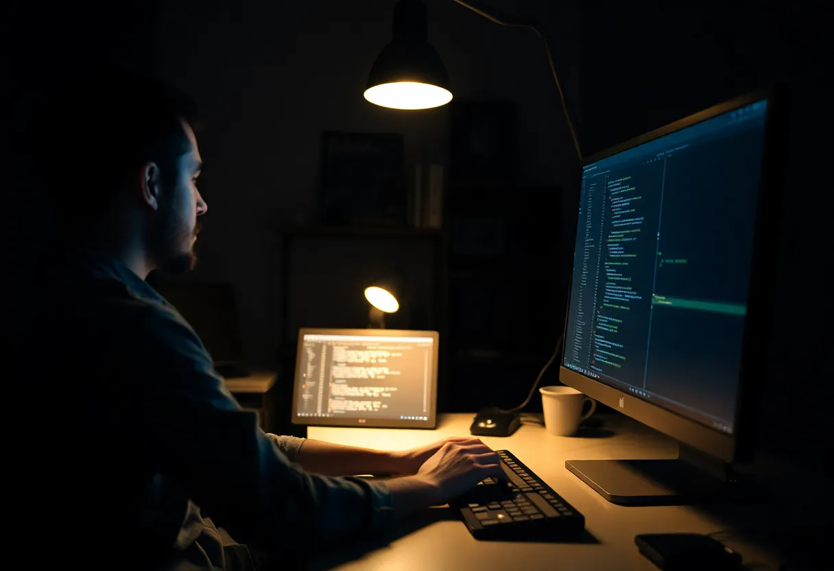 Developer working in a dim room with a code editor on a single large monitor
