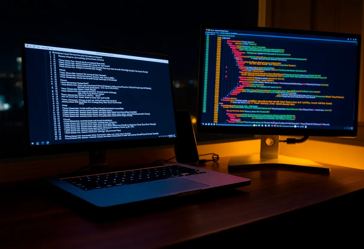 Terminal and editor side by side on a wooden desk at night