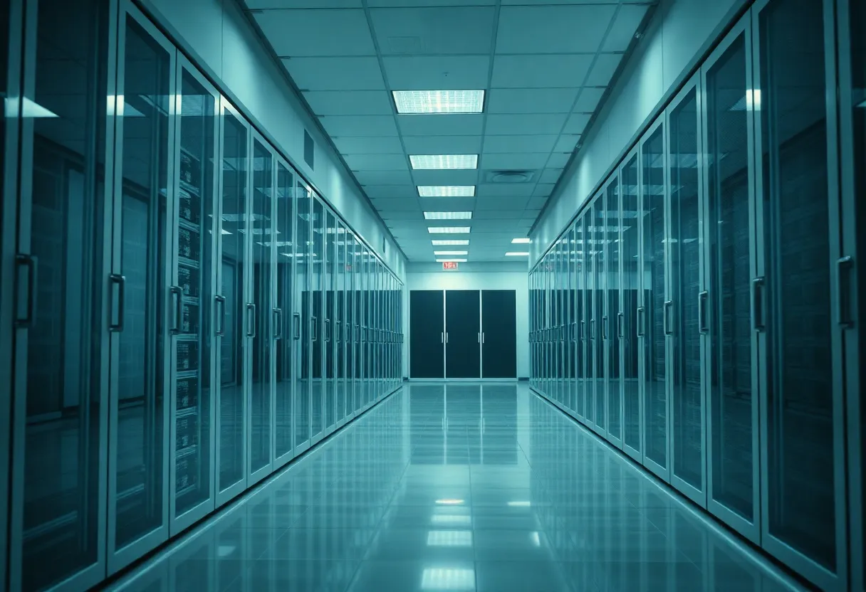 A server room aisle with labeled JVM service racks and muted lighting