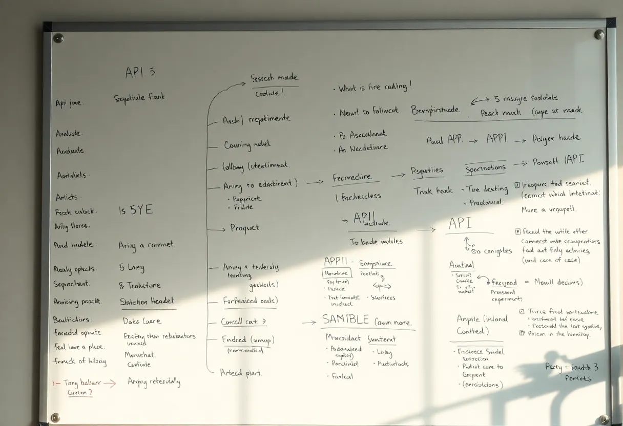 A wall of API diagrams and cache header notes on a whiteboard