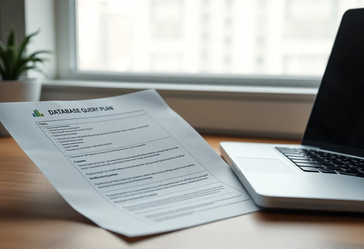 A printed query plan and a notebook beside a laptop running a database studio