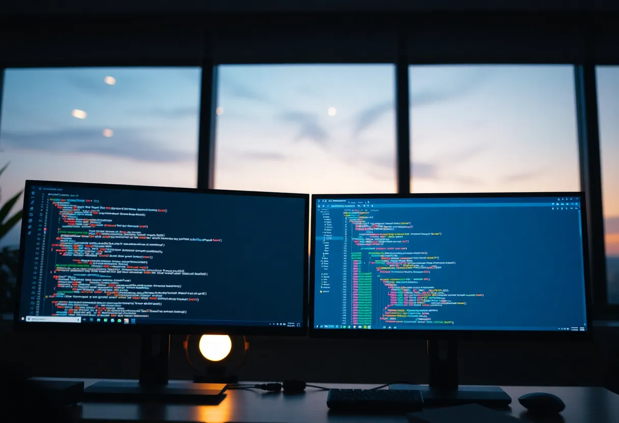 Two monitors showing application code and a SQL editor in a quiet office