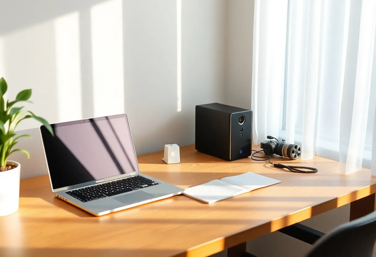 Single server and a laptop on a tidy desk, one deployable stack
