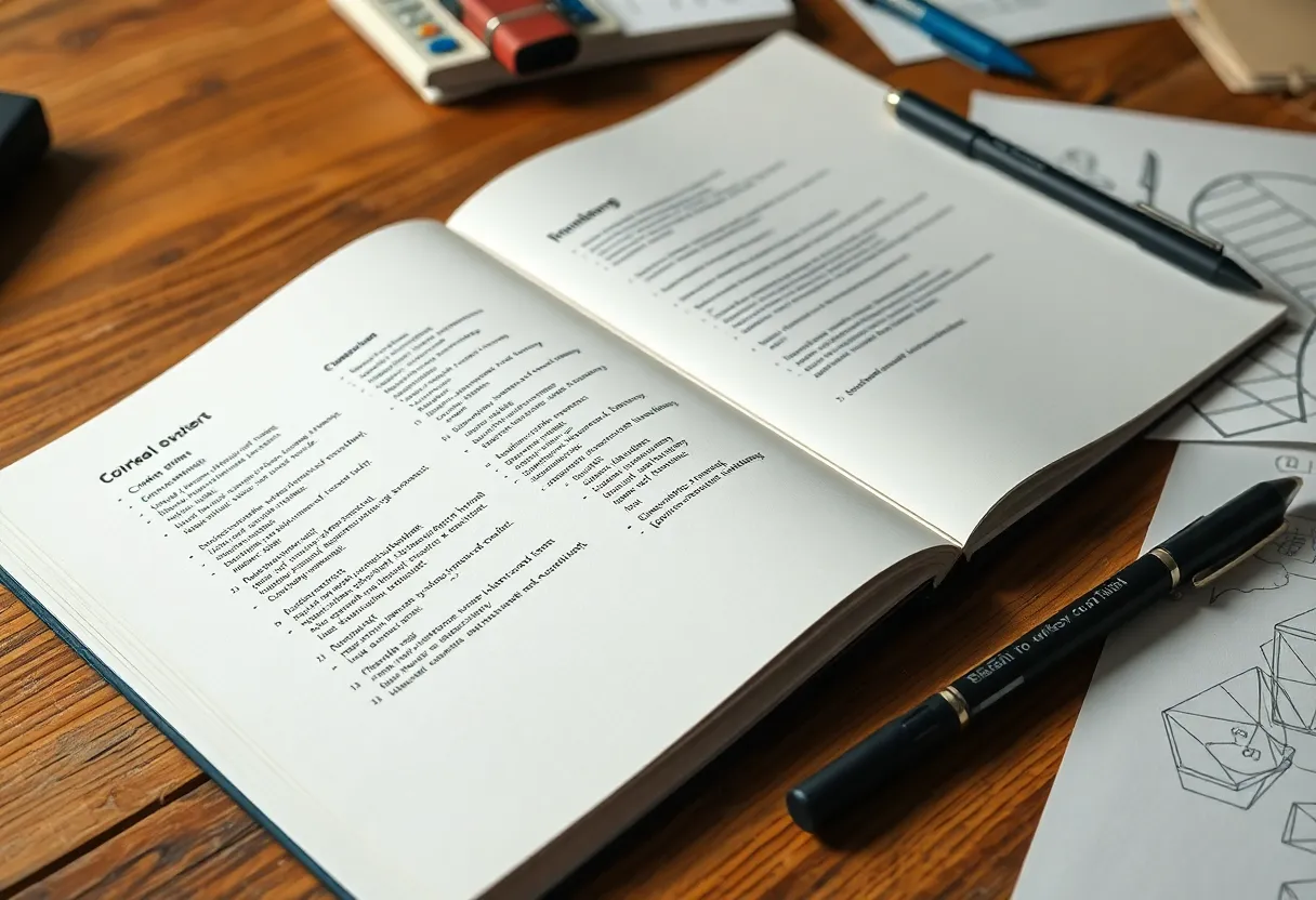 Close-up of a messy desk with printed code and a notebook of class sketches