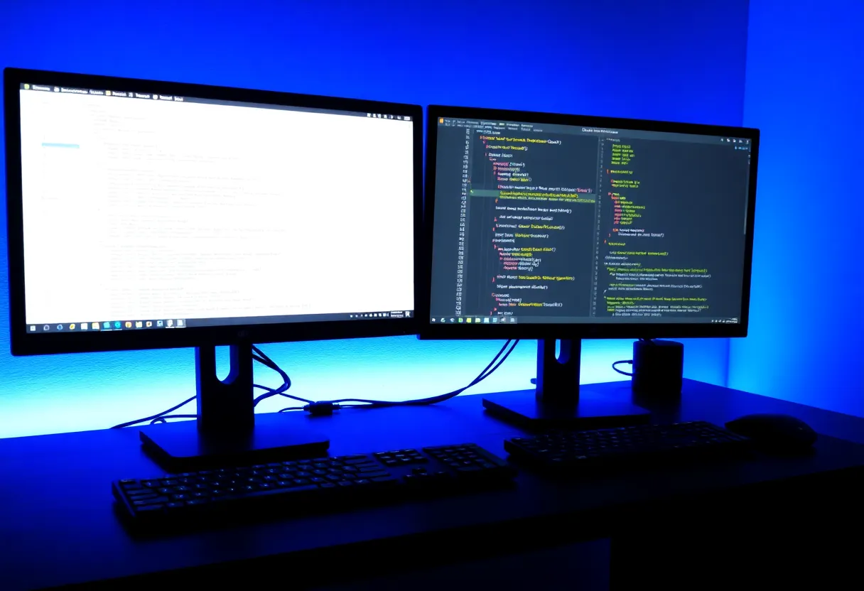 Two monitors showing a compact code file and a git blame view