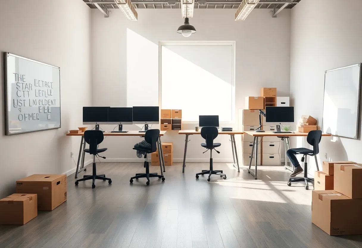 A small software team office with a whiteboard and shipping boxes in the corner