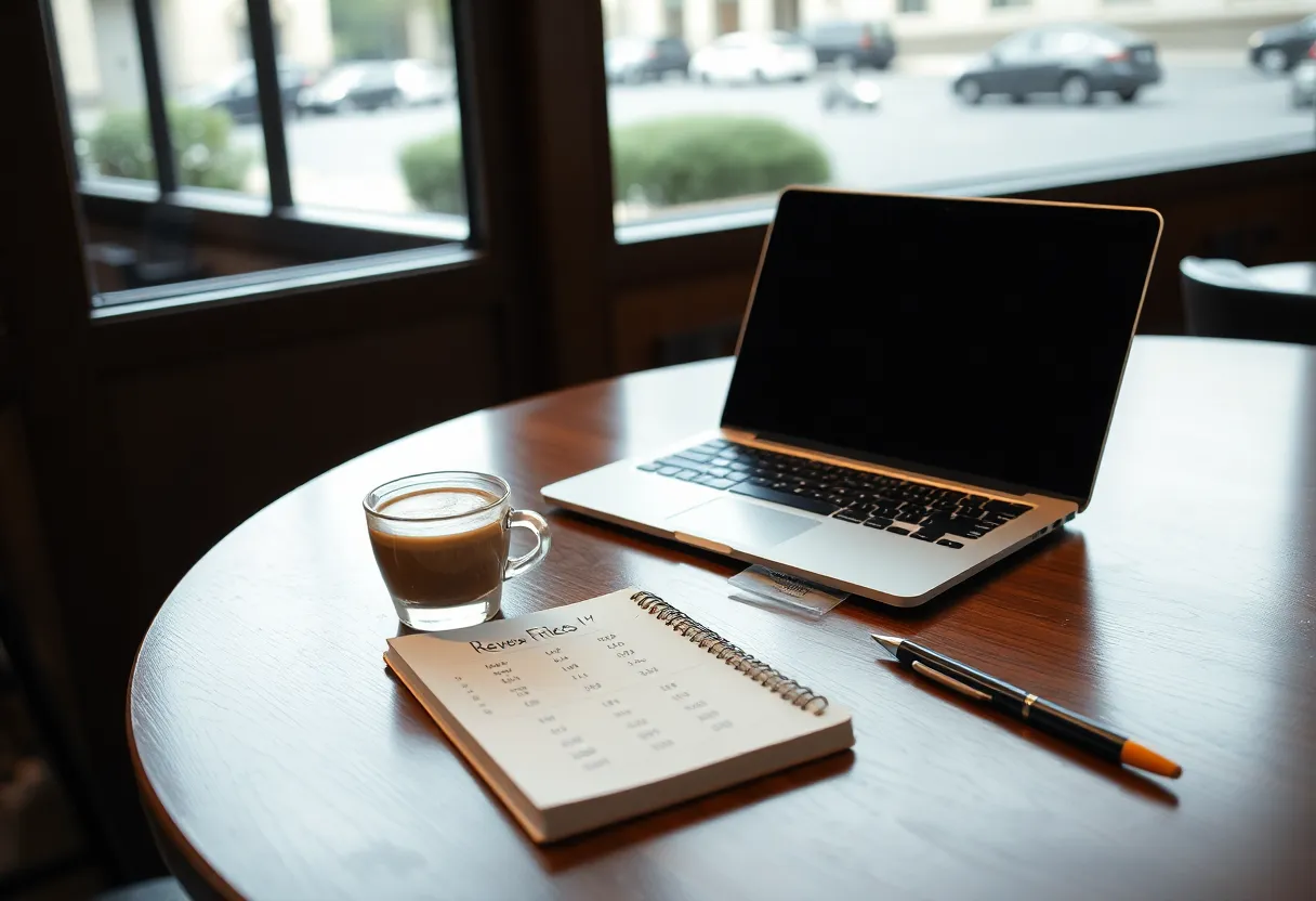 A founder laptop on a cafe table with handwritten revenue notes
