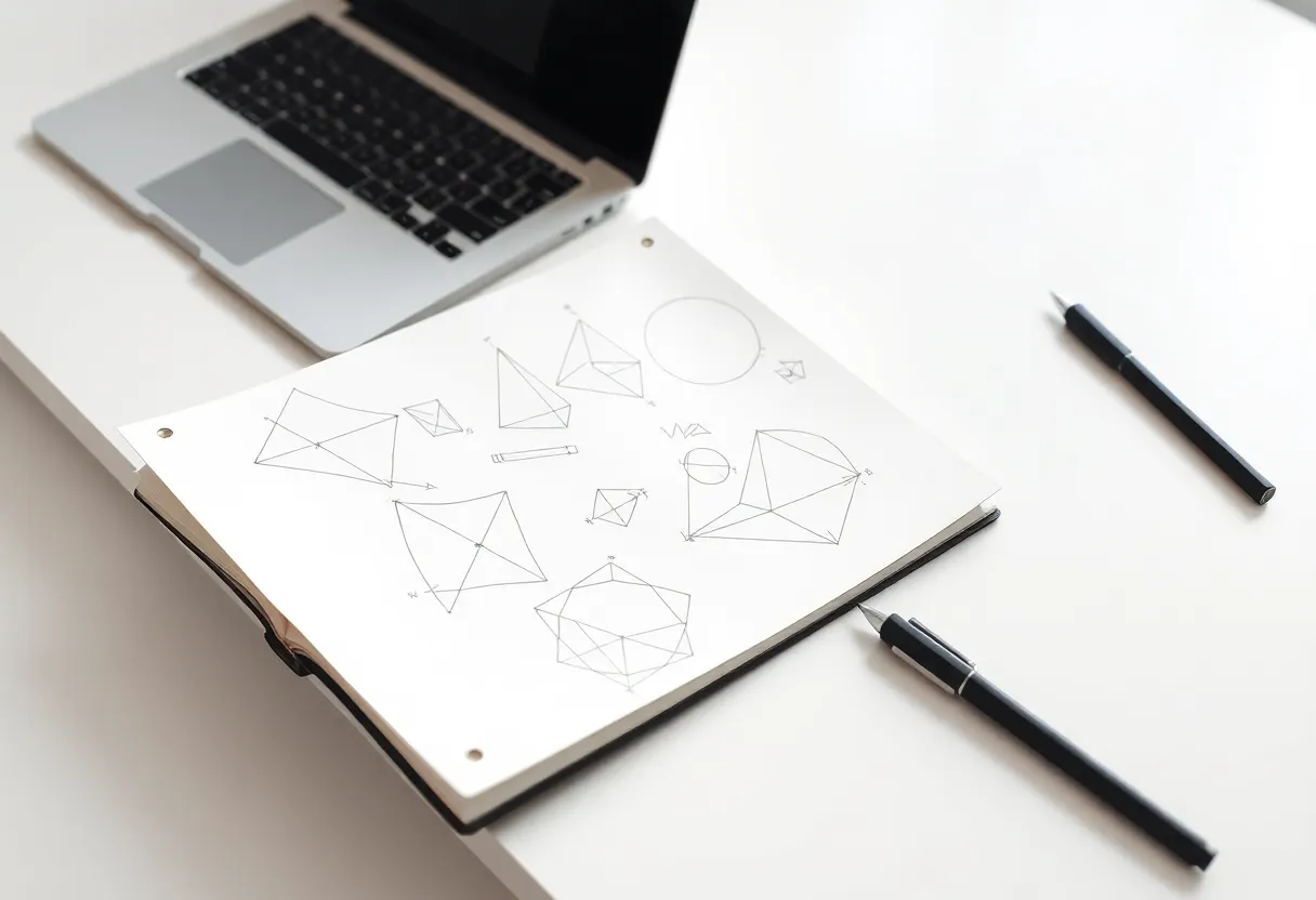 Notebook with concentric architecture circles next to a laptop