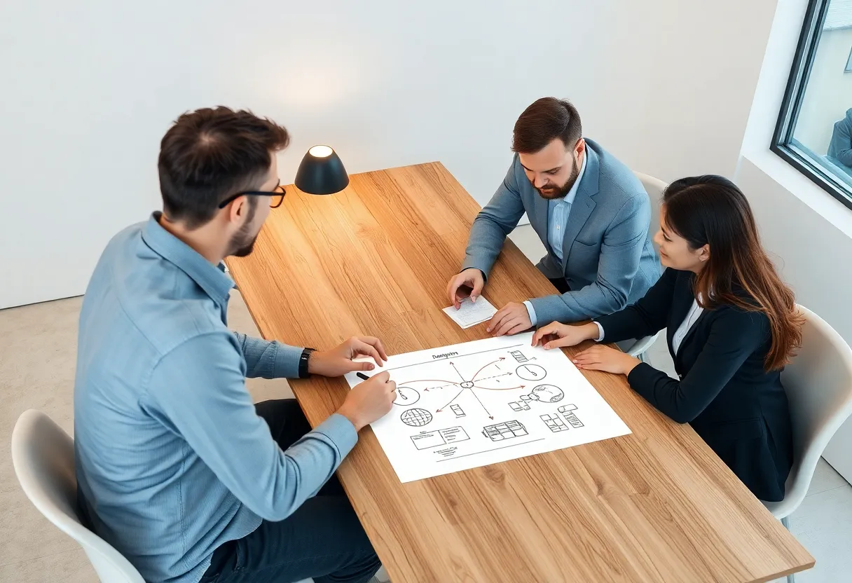 Small team pairing at a table with a simple domain sketch on paper