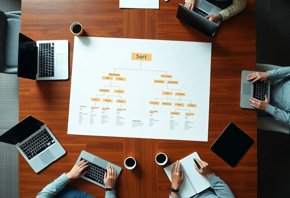 A small product team gathered around a table with laptops and a sparse org chart on paper