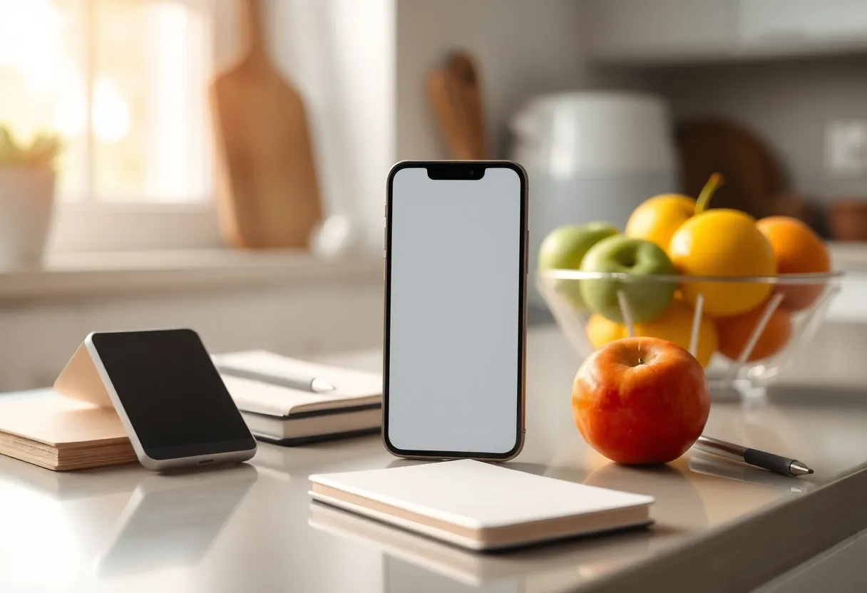 iPhone on a kitchen counter with Focus and Reminders tiles, morning light