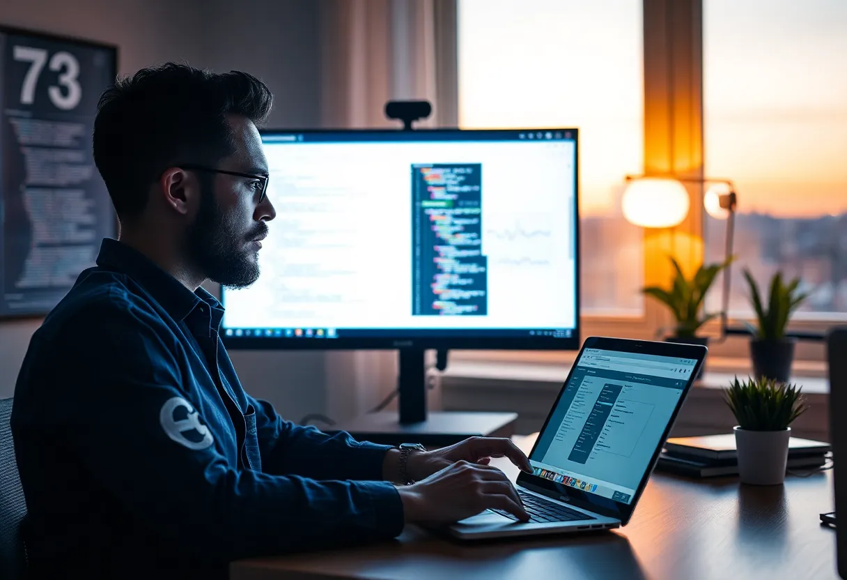 An engineering manager reviewing a pull request on a laptop while a second screen shows deploy metrics