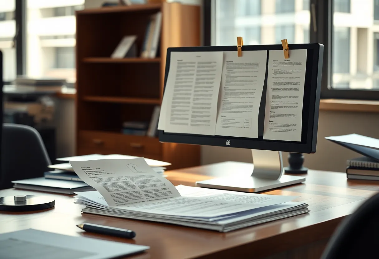 Printed spec pages pinned beside a monitor showing a failing test