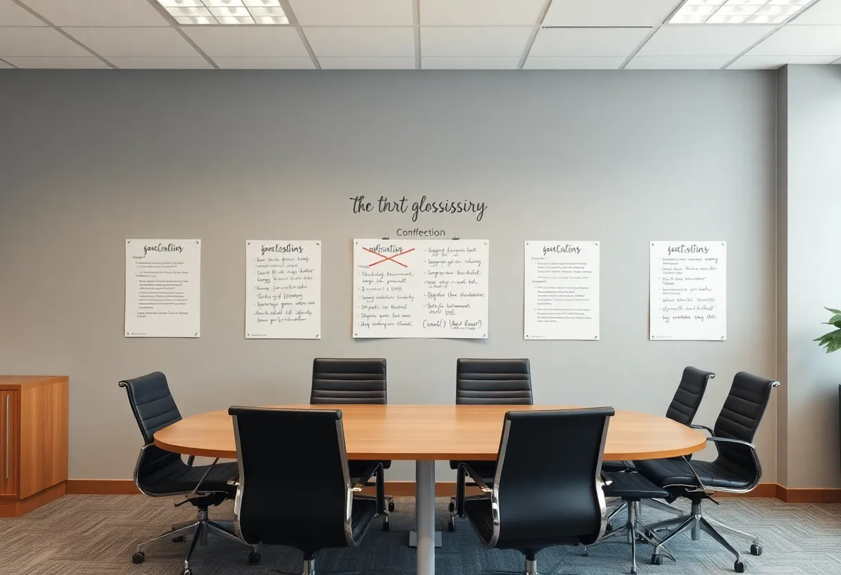 A meeting room wall with a short glossary and crossed-out process posters