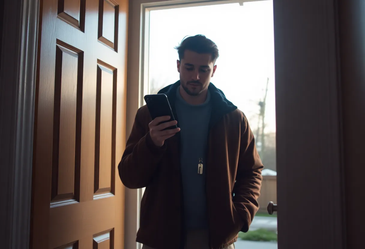 Person checking a phone in a doorway, keys in hand, late for an errand