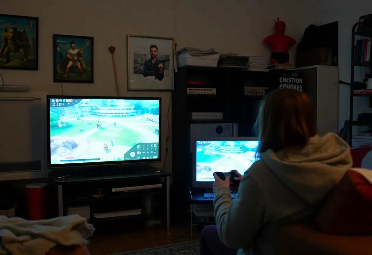 Small team playtesting a game on a TV in a cluttered studio