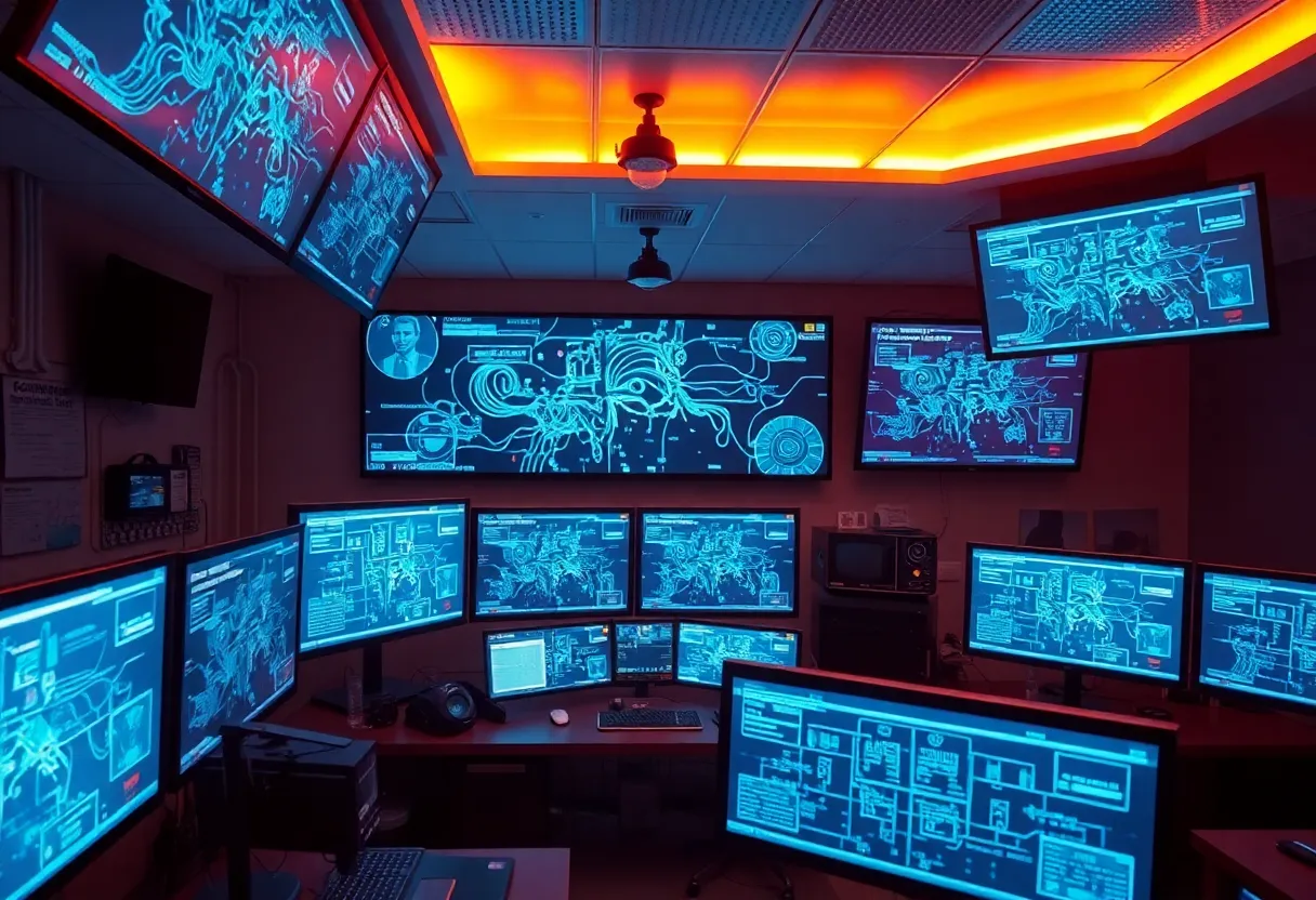 A dim operations room with many connection graphs on wall displays