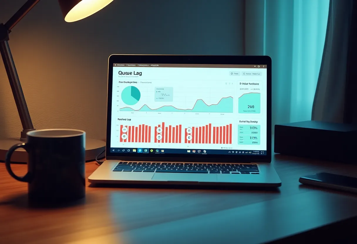 A quiet on-call laptop showing a queue lag graph and a database connection pool