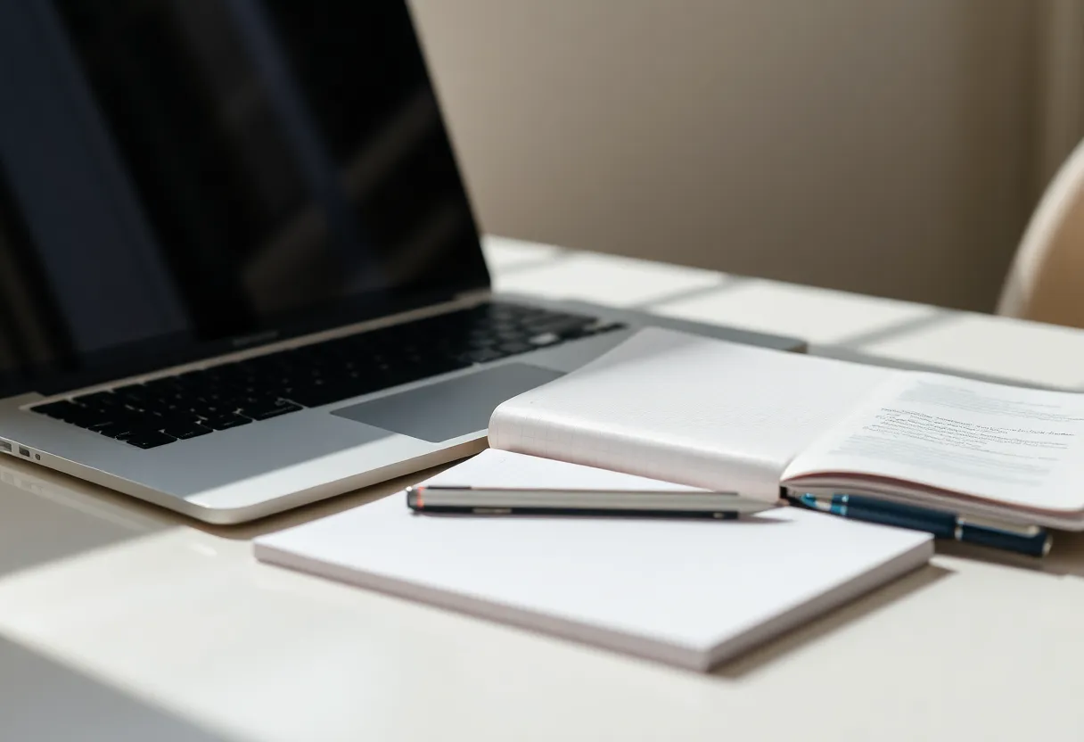 Quiet desk with a notebook of type diagrams and a laptop