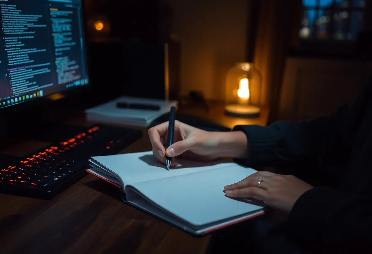 Person writing in a notebook beside a terminal window at night