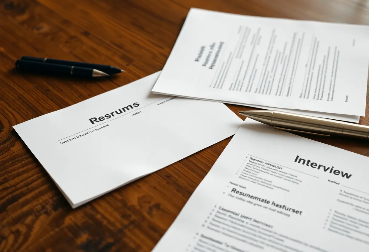 A hiring table with mixed résumés and a notebook of interview notes