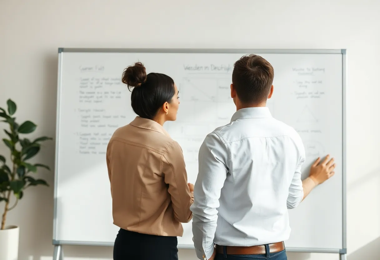 Two engineers pairing at a whiteboard covered in both sentences and diagrams