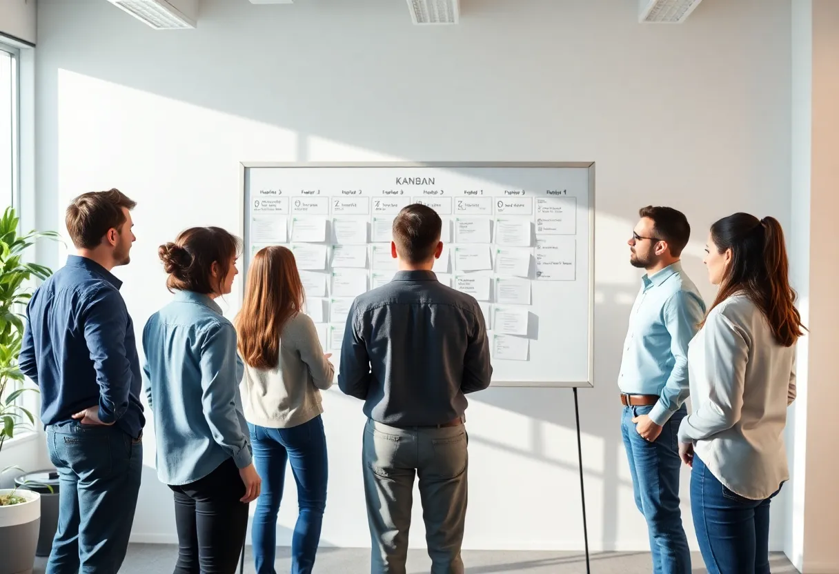 Team standup around a kanban board in a bright office