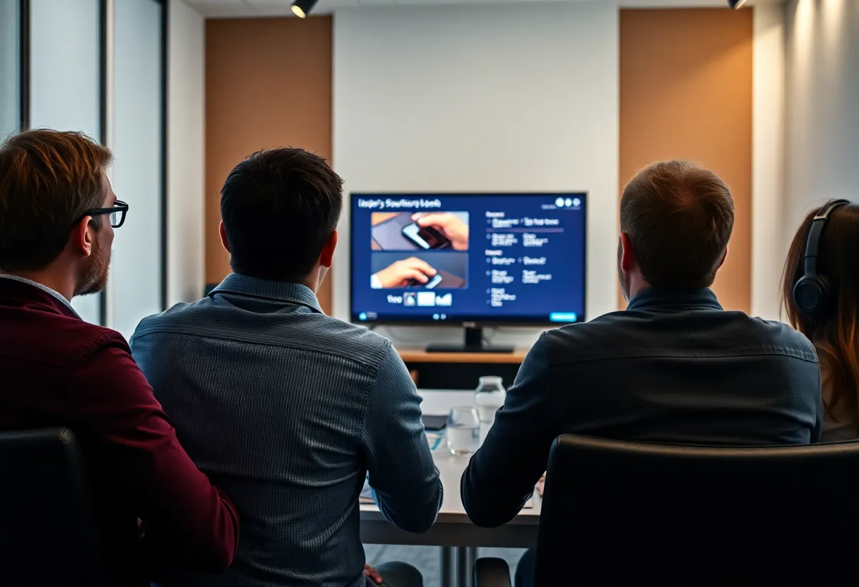 Small team demoing a product on a TV in a meeting room