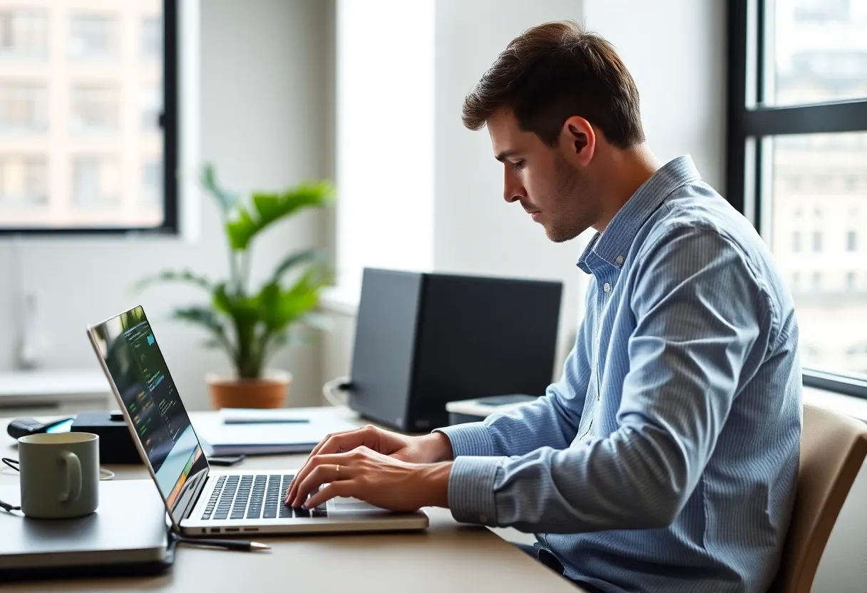 Developer at a Windows workstation with Visual Studio-style IDE