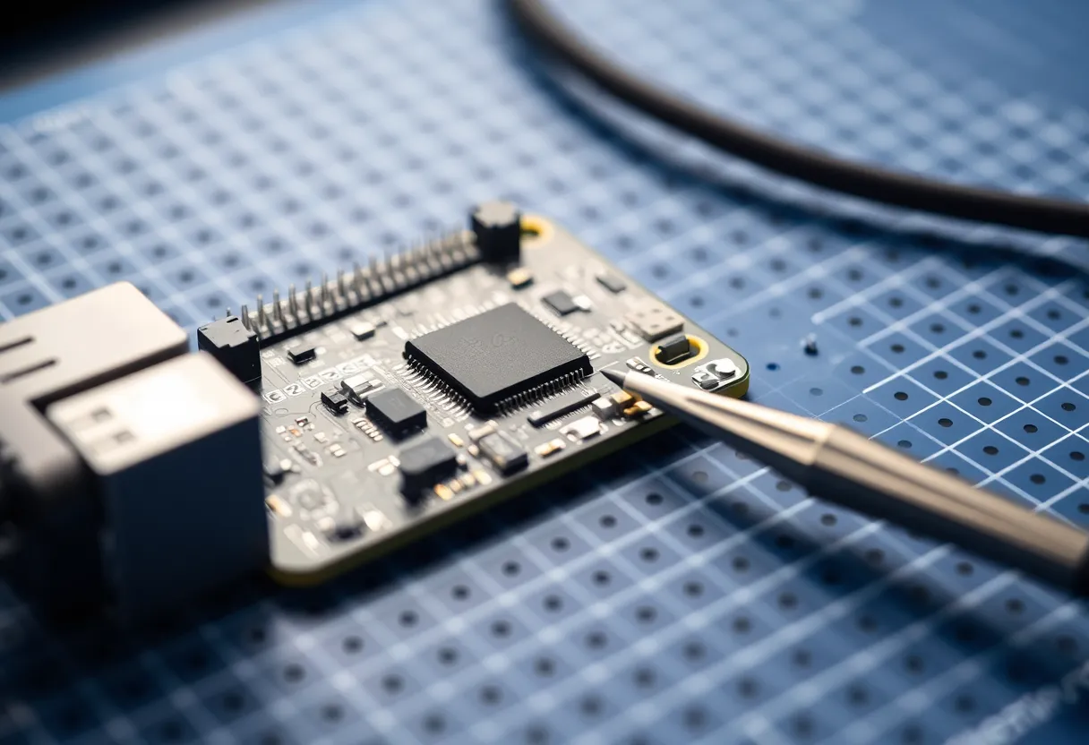 A hardware bench with a microcontroller, logic probes, and a laptop showing a disassembly listing