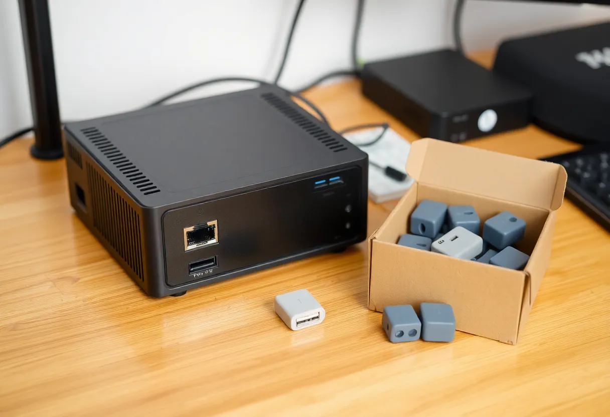 Mini PC on a desk with ethernet and a box of spare USB adapters