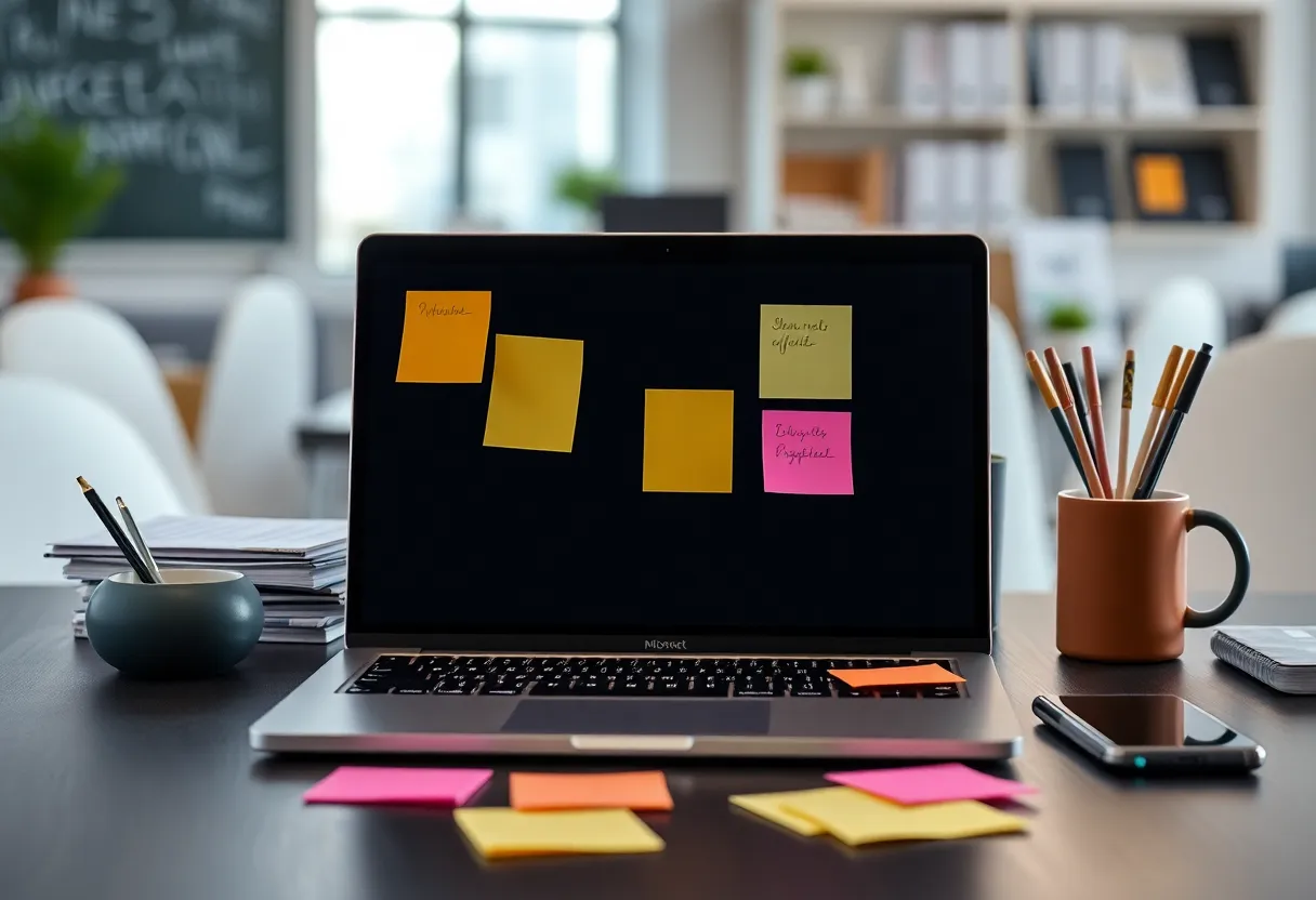 A small agency desk with a laptop showing a PHP application and a sticky note of deploy steps