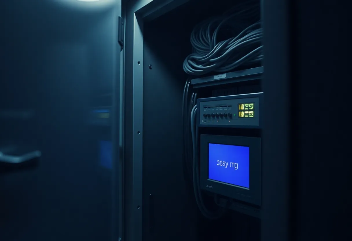 A server closet with a small PHP application box and labeled network cables
